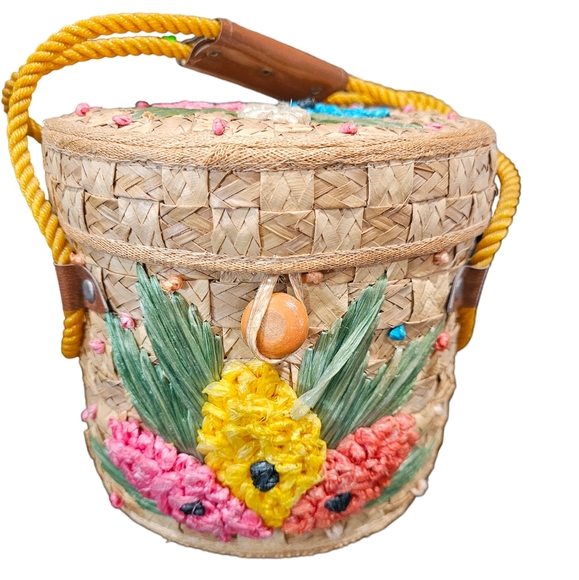 *HP* Vintage 70'S Handcrafted Basket/Bucket Purse With Raffia Embroidery Detail - Picture 1 of 14